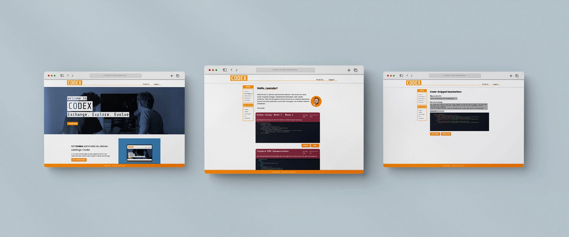 Codex: Drei Website-Ansichten