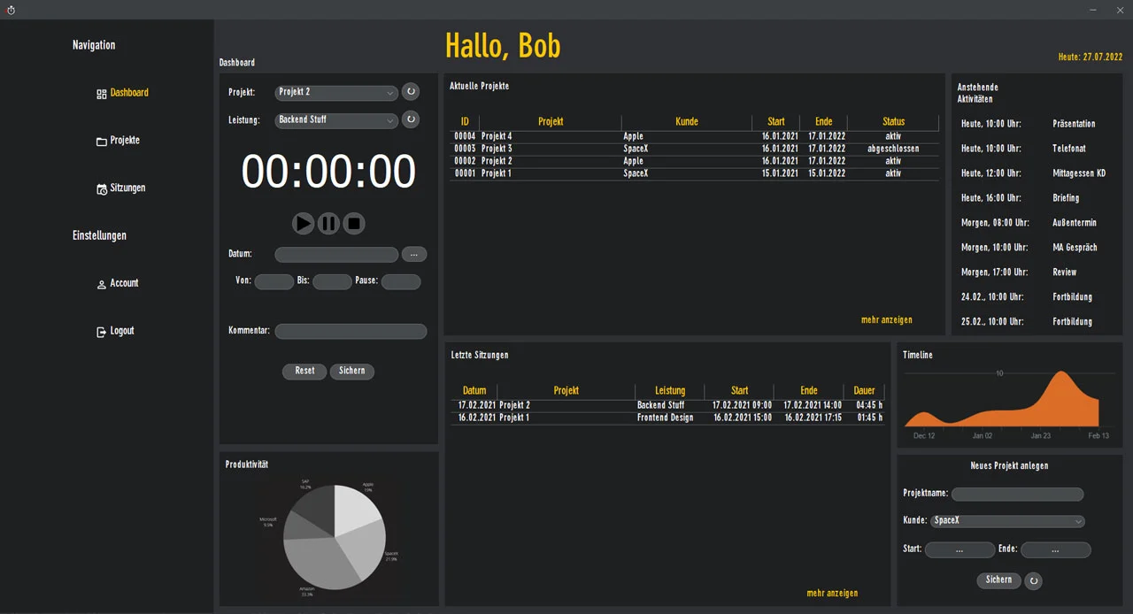 Timetracker-Software: Hauptfenster mit Eingabemasken